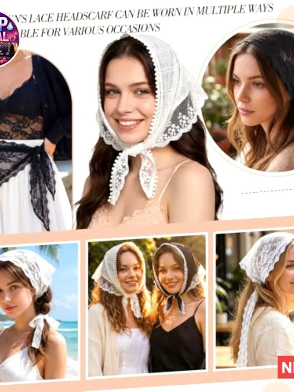 Lace Headscarf Set with Floral Design, 4 Pack